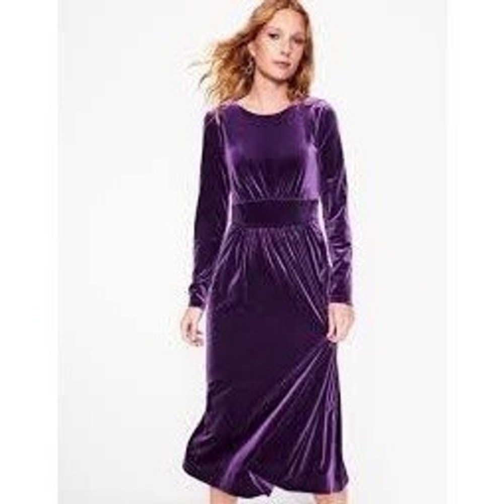 Boden Purple Thea Velvet Empire Waist Midi Dress Long Sleeve Pockets US 10R